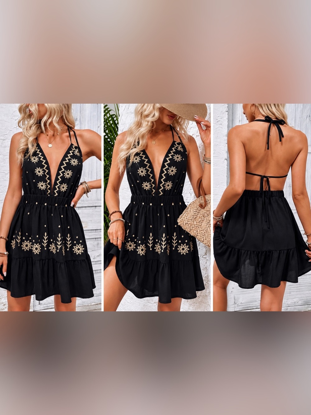 NEW Boutique Black Floral Embroidered Halter Mini Dress M